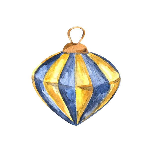 水彩插图与蓝色和金色的圣诞树玩具，孤立的插图图片下载