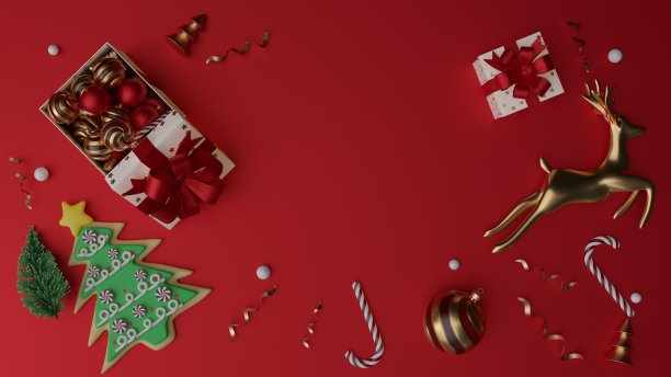 圣诞快乐，恭贺新禧。圣诞节的节日背景与现实的对象。假日元素，3d渲染和现实主义。贺卡，横幅，网络海报。图片下载