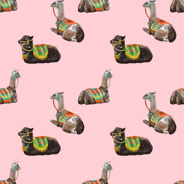 喇嘛和仙人掌的水彩无缝图案图片下载