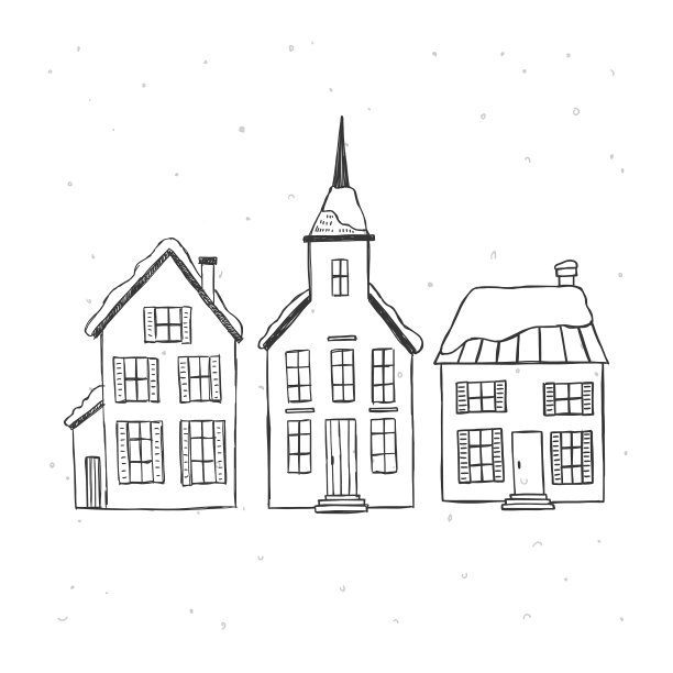 房屋矢量插图。手绘冬季镇剪贴画图片下载