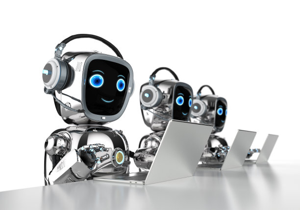 一组电子人或机器人助手用电脑笔记本工作图片下载