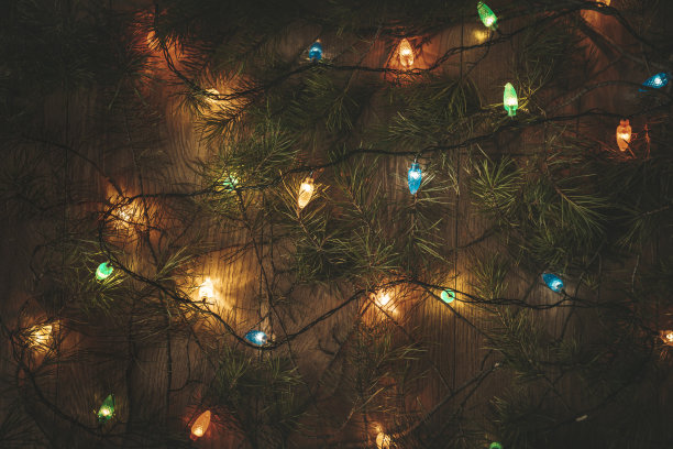 圣诞节的木桌上挂着五颜六色的彩灯和绿色的圣诞树树枝图片下载