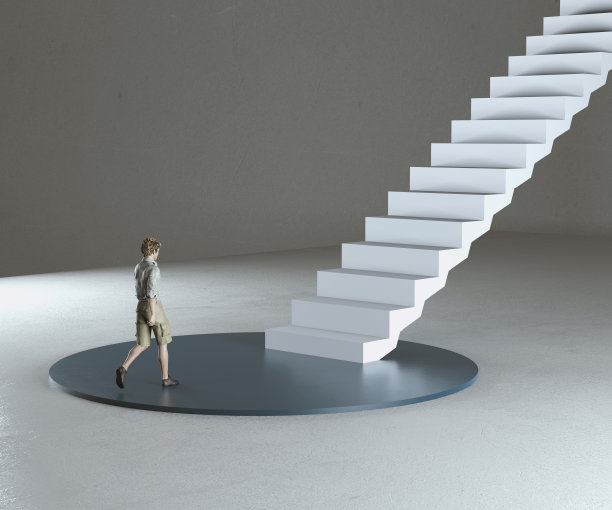 一个男人正走向楼梯。新的旅程概念。这是一个3d渲染图。图片下载