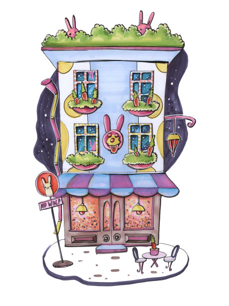 彩色手绘标记卡通儿童风格的欧洲街头咖啡馆可爱的幻想与兔子，彩色雨棚和胡萝卜图片下载