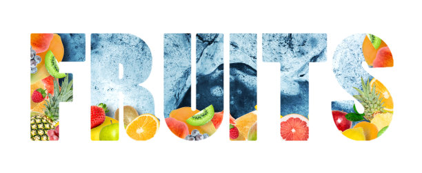 不同的热带水果以单词水果的形式孤立在白色背景上。图片下载