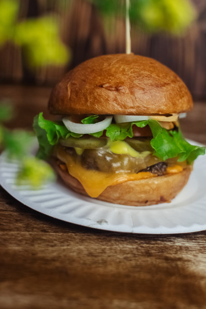 一个标准汉堡的特写镜头。餐馆或咖啡馆里的成人快餐。微距照片的汉堡原料与肉，奶酪和香草。为全家准备的环保汉堡图片下载