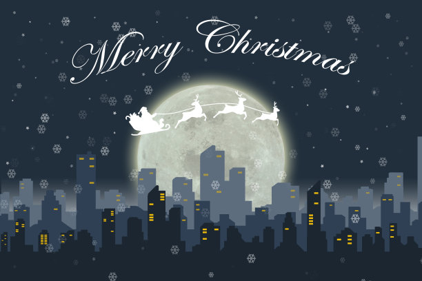 圣诞快乐庆祝和圣诞老人在夜晚与满月和城市剪影图片下载