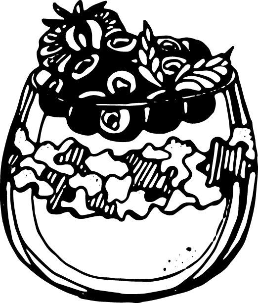 纸杯蛋糕，奶油甜点，草莓，蓝莓。透明背景上的黑线，孤立的。向量图片下载