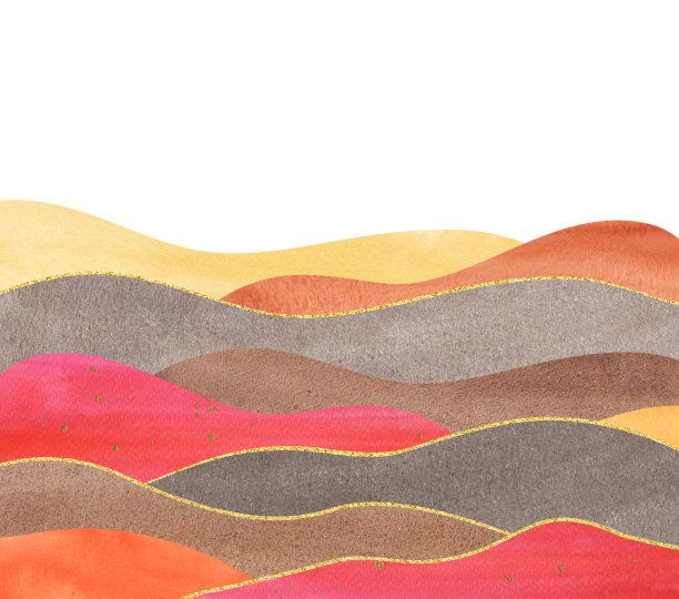 水彩波浪拼贴山脉剪影，背景与色调的米色，红色和金色形状图片下载