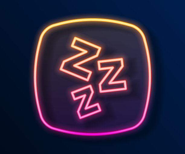 发光的霓虹灯线瞌睡图标孤立在黑色背景。睡意朦胧的谈话泡泡。向量图片下载