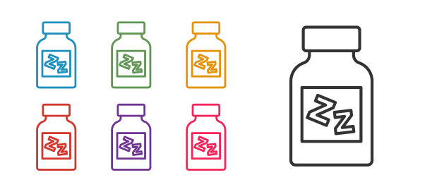 设置线安眠药图标隔离在白色背景。设置图标丰富多彩。向量图片下载