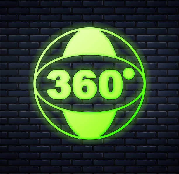 发光的霓虹灯360度视图图标孤立在砖墙背景。虚拟现实。角度360度摄像机。全景照片。向量图片下载