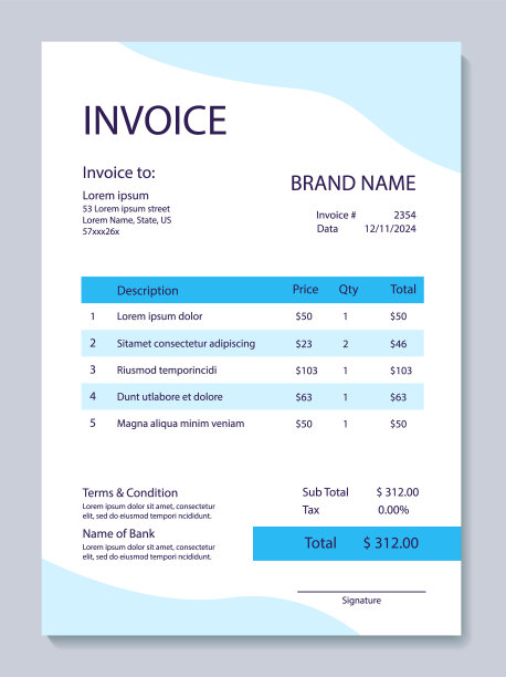 精神健康发票模板。心理上的健康。精神病学收据和税收。矢量布局预算。发票形式的商业发票会计图片下载