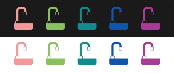 设置脸盆与水龙头图标隔离在黑白背景。向量图片下载