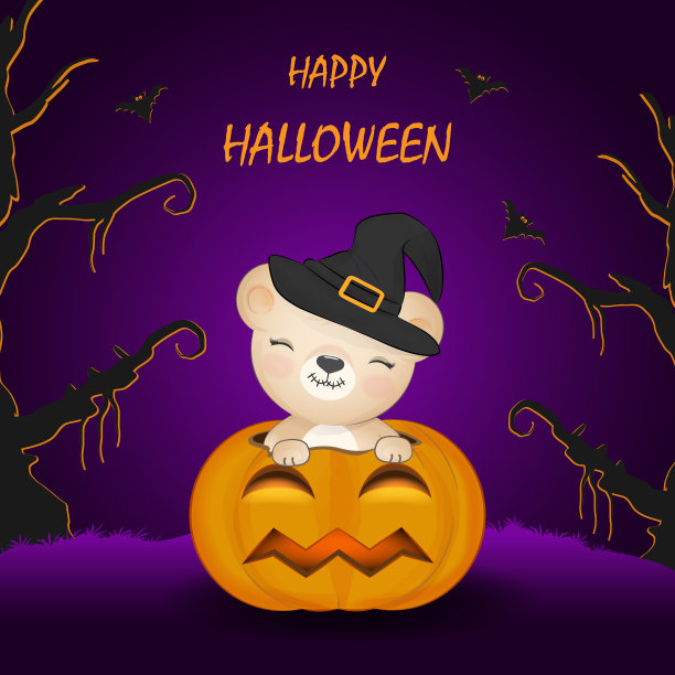 可爱的小熊和南瓜卡通动物万圣节插图图片下载