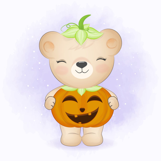 可爱的小熊穿着南瓜服装，手绘的卡通动物万圣节插图图片下载