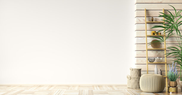 室内针织奥斯曼和梯子架在现代客厅与木镶板和空模型墙，家居设计3d效果图图片下载