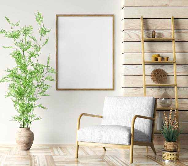 室内与灰色扶手椅和梯子架子在现代客厅与木制镶板和墙上的模型海报，家居设计3d渲染图片下载