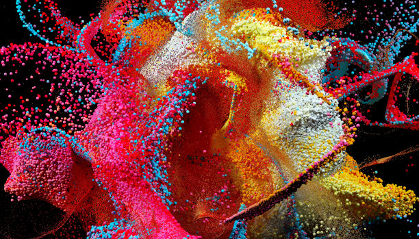 抽象艺术的3d渲染3d背景与部分超现实的爆炸颜色飞溅效果基于混合的小球或球体颗粒在粉红色，紫色，蓝色，白色和黄色的黑色图片下载