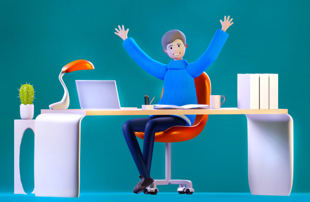 3 d渲染插图。快乐的成功商人在他的办公桌旁工作。办公室工作环境。忙碌的商人在办公室工作图片下载