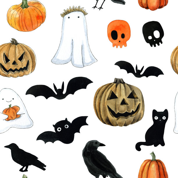 万圣节无缝图案礼品包装纸，墙纸设计。卡通可爱的猫，南瓜，蝙蝠，鬼魂，头骨图片下载