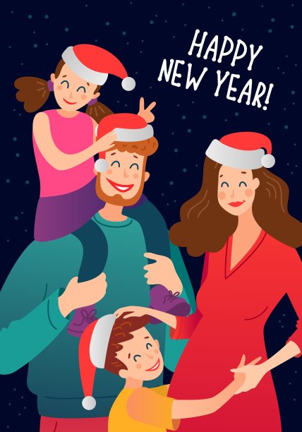 有趣的家庭肖像在圣诞老人的帽子，圣诞快乐和新年贺卡，旗帜，海报，传单。向量图片下载