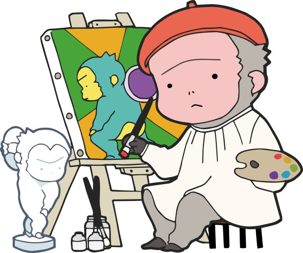 一只正在画猴子雕像的日本猴子。图片下载