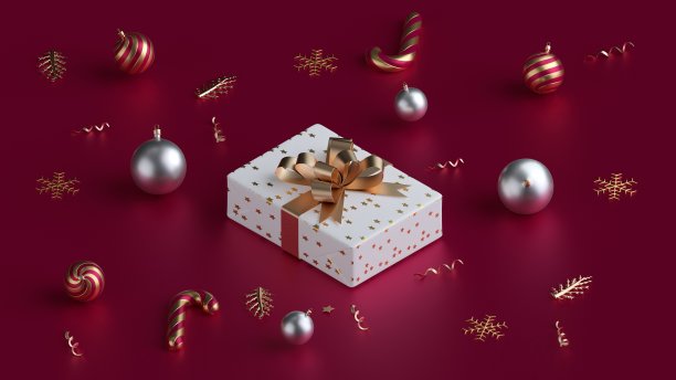 圣诞礼物盒与圣诞球3d渲染图片下载