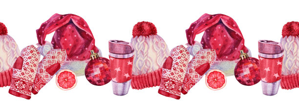 水彩无缝边界冬季构图。红色帽子，手套，热茶或咖啡杯，圣诞装饰球孤立在白色背景上。有创意的庆祝，写生本图片下载