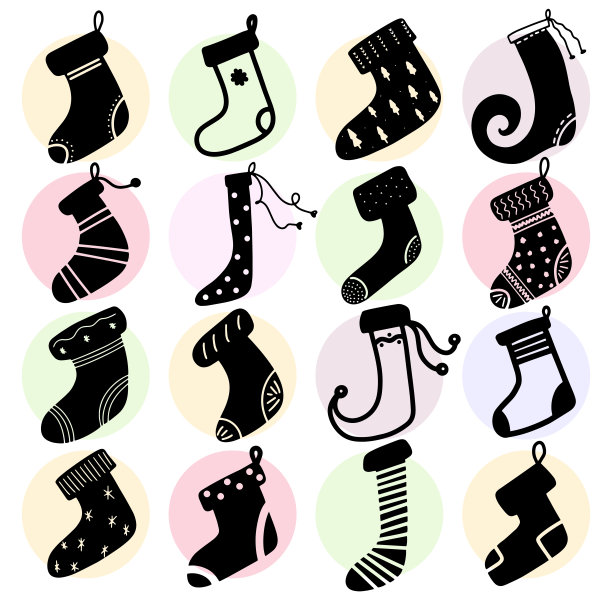 黑色圣诞袜圣诞老人袜子手绘设计元素矢量插图。书法节日新年图标集冬季与杉树星装饰图案在绿色粉红色的圆圈图片下载