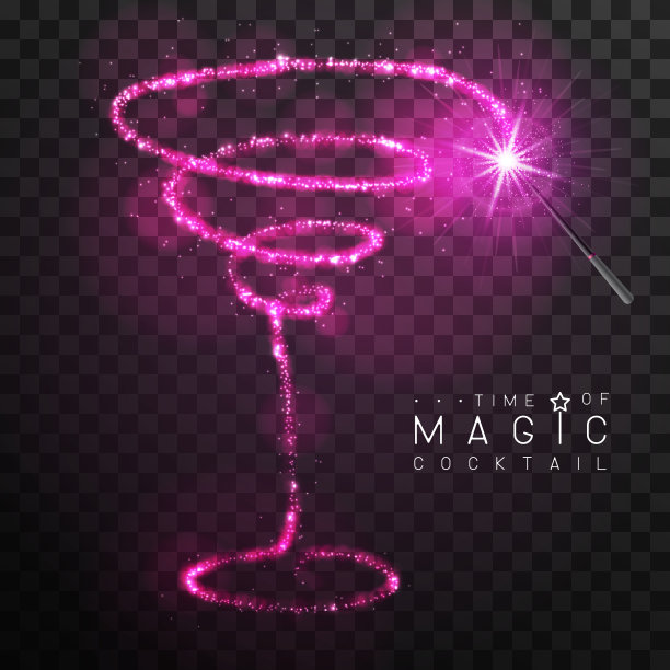 带有粉红色闪光痕迹的魔杖。大都市鸡尾酒剪影孤立在黑色透明的背景。矢量图图片下载
