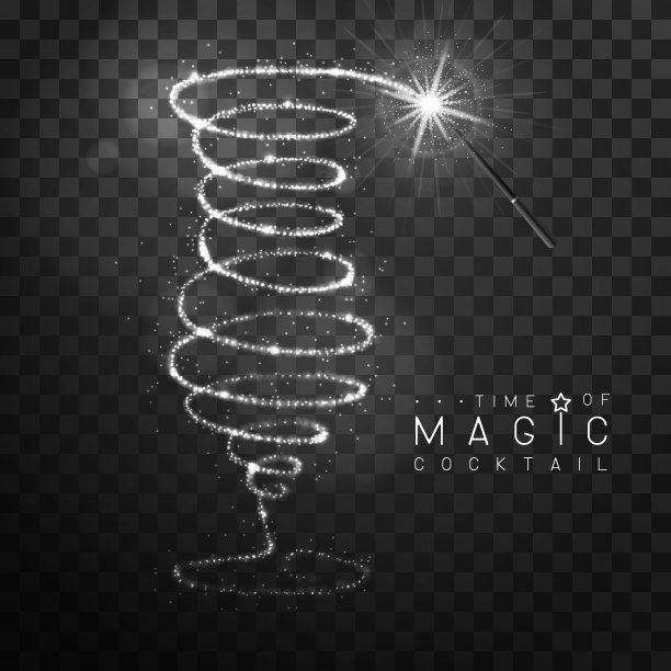 带有银色闪光尾迹的魔杖。鸡尾酒剪影孤立在黑色透明的背景。矢量图图片下载