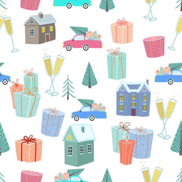 风格的新年无缝模式与圣诞树，房子和汽车。图片下载