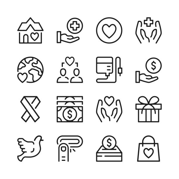 慈善线图标设置。现代平面设计。细线的概念。简单的线性轮廓元素集合。矢量线的图标图片下载