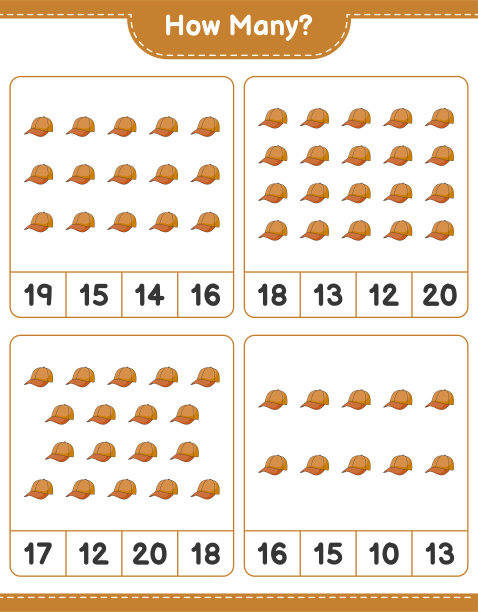 数游戏，有多少帽帽。教育儿童游戏，可打印的工作表，矢量插图图片下载