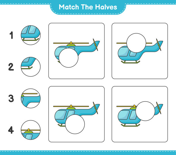 匹配的部分。匹配直升机的一半。教育儿童游戏，可打印的工作表，矢量插图图片下载