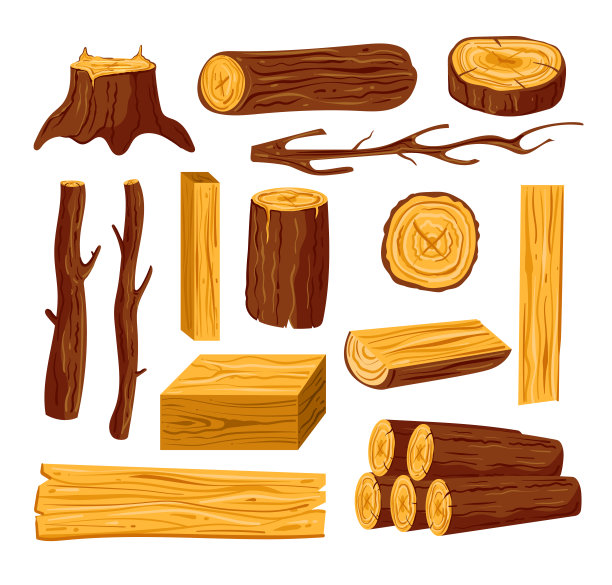 切生木材树干和木板的松树橡树孤立的白色背景设置。矢量涂鸦手绘图形设计插图图片下载