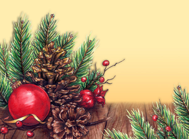 水彩笔圣诞新年假日构图装饰:冷杉树枝、球果、红浆果、石榴石、玻璃球在木制背景框边样本隔离图片下载