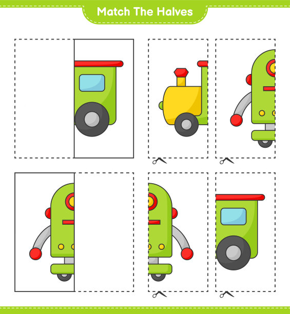 匹配的部分。匹配火车和机器人角色的一半。教育儿童游戏，可打印的工作表，矢量插图图片下载