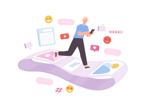 社交网络成瘾，没完没了的通知。沉迷于反馈的角色卷轴互联网页面，平面矢量概念图片下载