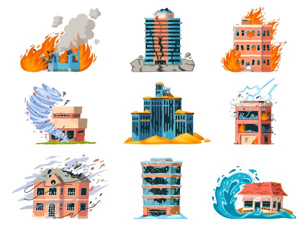 自然灾害破坏城市建筑、地震、飓风和火灾。家庭保险的灾难，龙卷风或洪水事故向量集图片下载