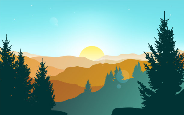 山的风景。森林。山上的夕阳。早上的天空。旅行的概念。冒险。极简主义的图形传单。多边形平面设计的优惠券，代金券，礼品卡。海报说明图片下载