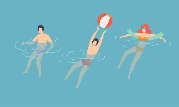 男人和女人与橡胶池面和球漂浮在蓝色的海水向量集图片下载