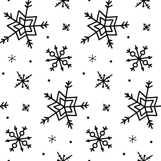 雪花简约无缝图案：黑雪，白色背景，抽象壁纸包装，冬季圣诞新年矢量素材图片下载