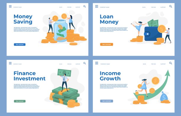 用扁平的字符和现金资助登陆页面。储蓄，商业投资，贷款和收入增长矢量网站模板设置图片下载