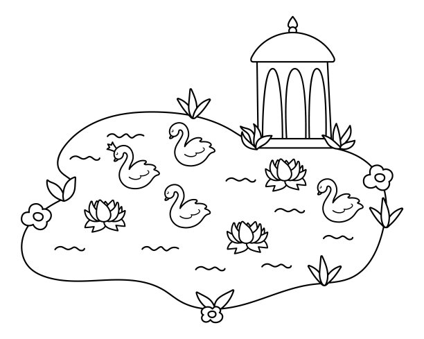 矢量黑白展馆图标。线藤架与湖和天鹅的插图。夏季休息优雅的露台孤立在白色的背景图片下载