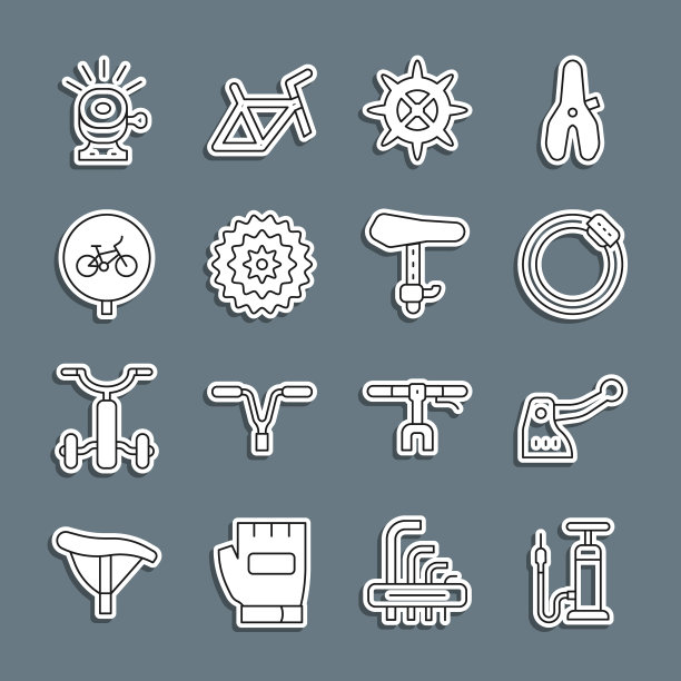 设置线自行车气泵，刹车，盘片，链轮曲柄，卡盘，钟和座椅图标。向量图片下载