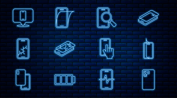 设置line智能手机，玻璃屏幕保护器，手机维修服务，手机破损，图标。向量图片下载