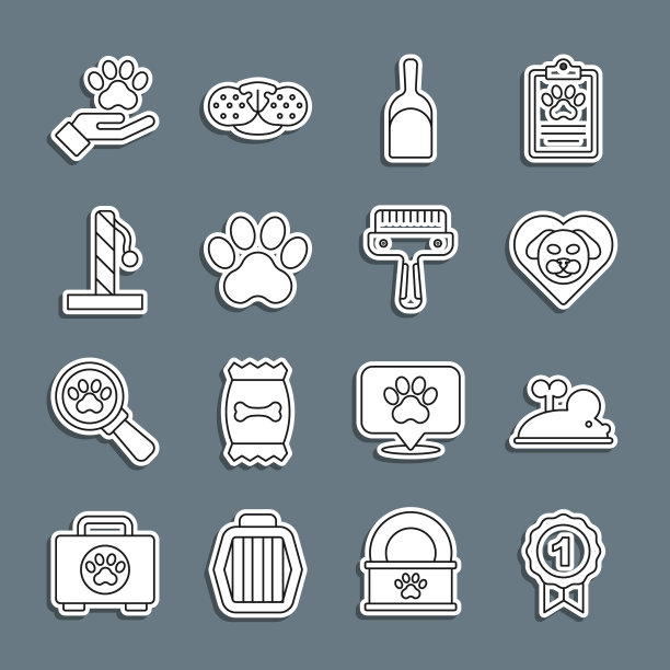 集线狗奖符号，发条鼠标，心与狗，畚箕，爪印，猫抓贴，手动物足迹和毛刷为猫的图标。向量图片下载