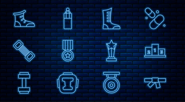 设置线黑色空手道腰带，奖励超过运动冠军领奖台，运动拳击鞋，奖章，胸部扩张器，杯子和沙袋图标。向量图片下载